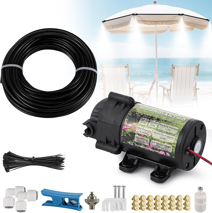 Moongiantgo Outdoor Misting Cooling System with Pump Kit-82ft Misting System pipe+24 Brass Mist Nozzles 0.02’’+Cluster Body+3/4’’ Adapter-Mister for Outside Patio Backyard Garden Greenhouse Trampoline