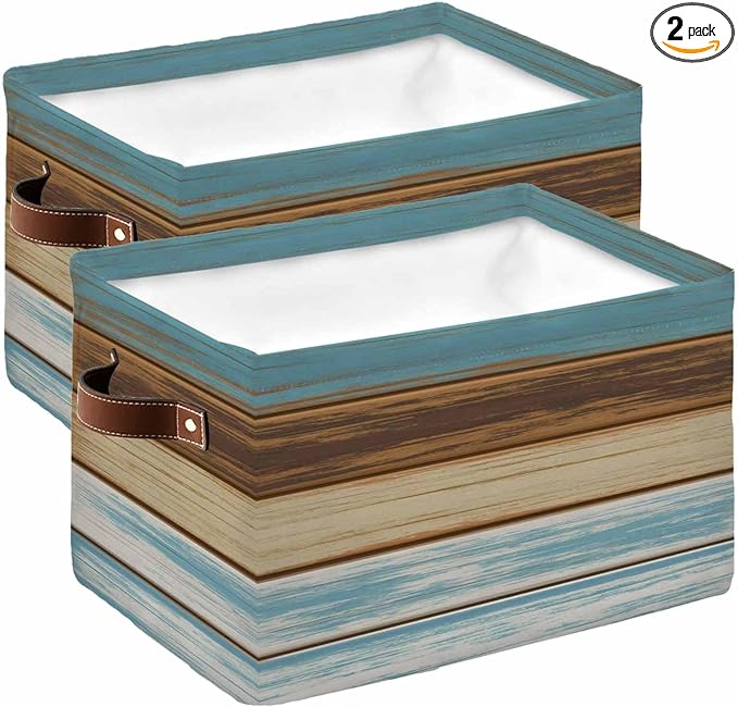 Blue Brown Storage Bins Cubes Waterproof Cloth Storage Basket, Farmhouse Rustic Wooden Plank Board Foldable Storage Bags for Shelf Closet Clothes Storage Organizers with Handles 15x11x9.5 in 2PCS