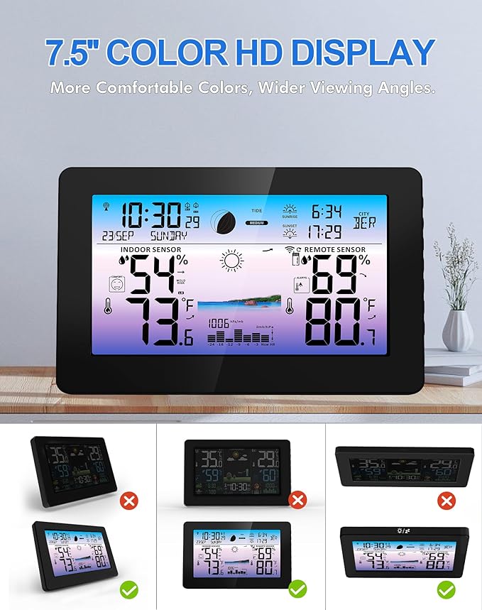 Weather Station Wireless Indoor Outdoor, Digital Thermometer for Home, Large Color HD Display with Remote Sensor, Weather Forecast, Atomic Clock, Moon Phase