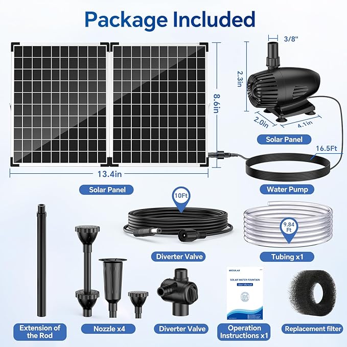NFESOLAR 55W Solar Fountain Pump, 580GPH Solar Pond Pump with Dry-Run Protection, Foldable Solar Panel, 16.5FT Cord, 10FT Extension Cable, PVC Tubing for Outdoor Ponds, Waterfall, Garden, Hydroponics