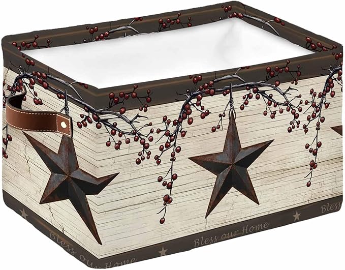 Texas Star Brown Storage Bins Cubes Waterproof Cloth Storage Basket, Farmhouse Berry Wooden Vintage Foldable Storage Bags for Shelf Closet Clothes Storages Organizers with Handles 15x11x9.5 in 1PCS