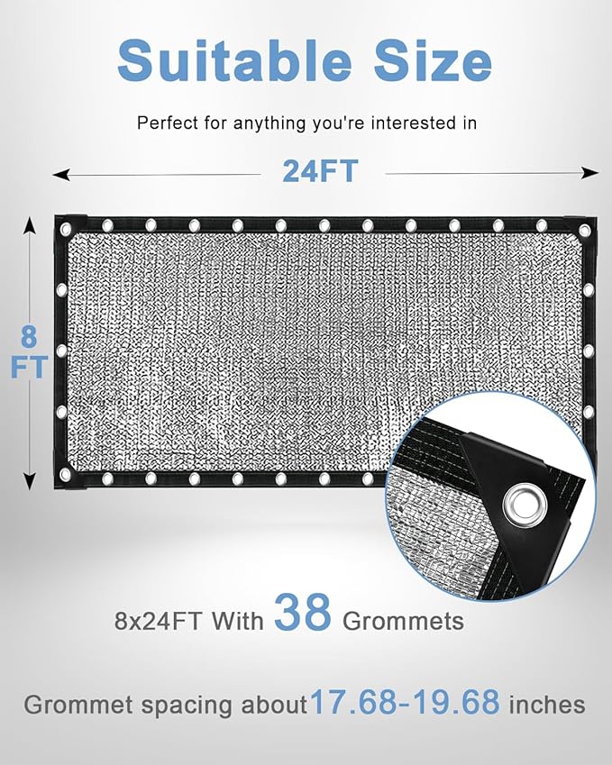 vensovo 95% Aluminum Shade Cloth - Reflective Aluminium Shade Netting Sun Shade Cover with Grommets for Cars, Dogs, Outdoor, RV, Patio (8x24FT)