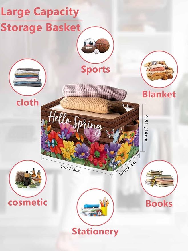 Spring Flowers Storage Bins Cubes Waterproof Cloth Storage Basket,Watercolor Farmhouse Colorful Wooden Grain Foldable Storage Bags for Shelf Clothes Storages Organizers with Handles 15x11x9.5 in 1PCS