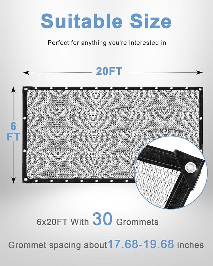 vensovo 50% Aluminum Shade Cloth - Reflective Aluminium Shade Netting Sun Shade Cover with Grommets for Cars, Dogs, Outdoor, RV, Patio (6x20FT)