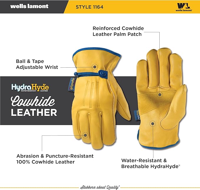 Wells Lamont Men's Adjustable HydraHyde Leather Work Gloves – Water-Resistant, Breathable, Durable – Ideal for Gardening, Landscaping, Ranching – Heavy Duty Leather Work Gloves – Saddletan, Large