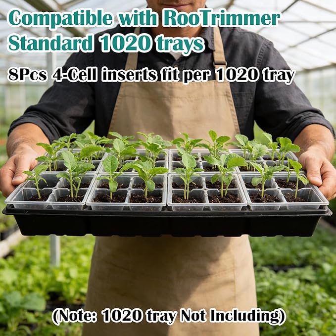 RooTrimmer 80 Pack Reusable 4-Cell Clear Seed Starter Trays - Extra Large Drainage Holes, Easy Transplant, Clear Transparent Tray for Root Observation, Seed Starting, Fits Standard 1020 Flats
