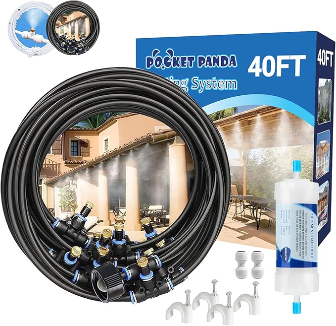 Outdoor Misters for Patio Cooling,Outside Water mister w Filter, 40Ft|12M. Backyard Misting Hose for Garden, Greenhouse, Fan, Deck, Umbrella, Canopy, Pool, Porch, Trampoline Mist,BBQ Party Accessories