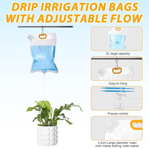 3 Pcs 5L Plant Water Bag Plant Watering System Device, Automatic Plant Waterer Self Watering IV Drip Bag Irrigation Drip Watering Bag with Adjustable Flow for Indoor Outdoor Potted Plant