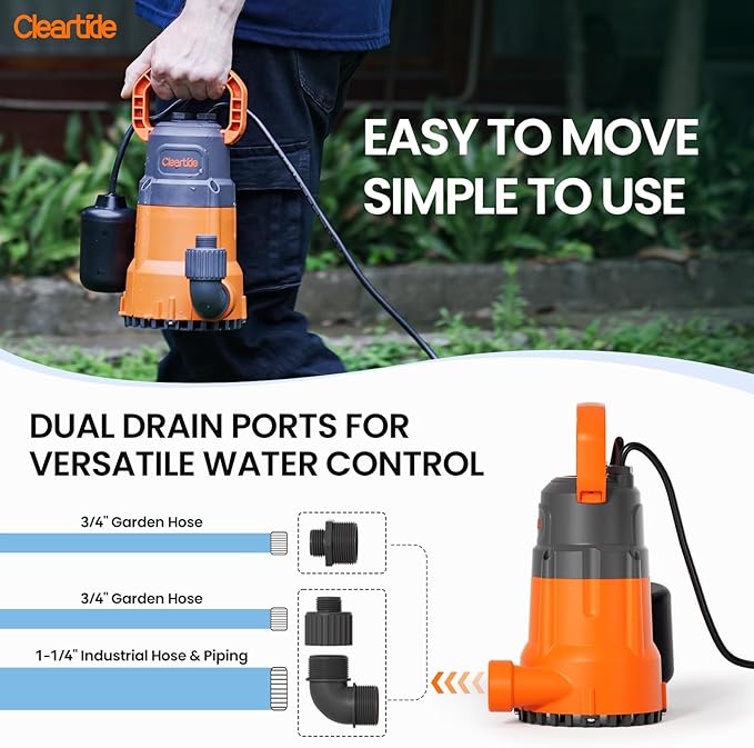 Cleartide Submersible Sump Pump with Tethered Float Switch, 1/3 HP Utility Water Pump,100% Copper Motor, Electric Drain Pump Handles 3/8" Solids, 10 FT Cord
