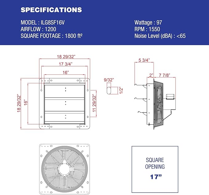 iLiving - 16" Wall Mounted Exhaust Fan - Automatic Shutter - Variable Speed - Vent Fan For Home Attic, Shed, or Garage Ventilation, 1200 CFM, 1800 SQF Coverage Area (Power Cord Not Included)