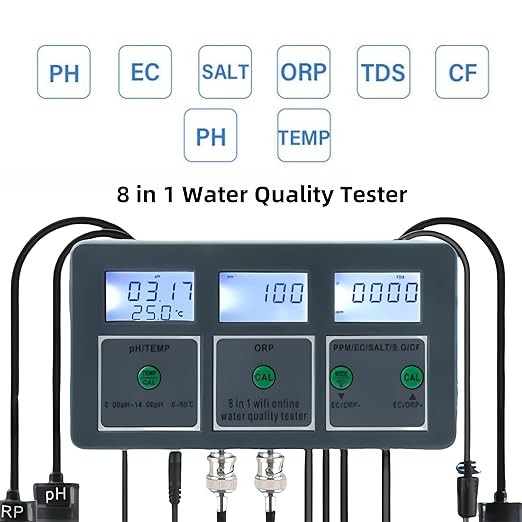 8 in 1 Water Quality Tester, Tuya WiFi Smart Water Quality Meter, DC 6V Wall Mount Digital Aquarium Water Monitor for Fish Tank Hydroponics Labs PH/S.G/EC/Salt/ORP/TDS/CF/Temp