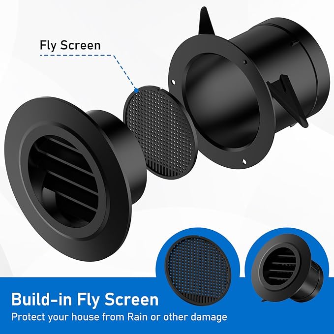 Hon&Guan 3 in Soffit Exhaust Vent, 3‘’ Round Air Vent Cover with Built-in a Fly Screen for Bathroom Office Home, Black