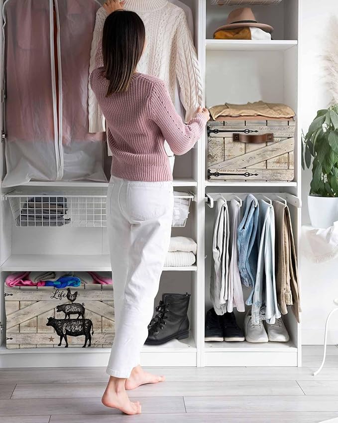 Farmhouse Animals Storage Bins Cubes Waterproof Cloth Storage Basket, Rooster Pig Cattle Vintage Wood Plank Foldable Storage Bags for Shelf Closet Clothes Organizers with Handles 15x11x9.5 in 2PCS