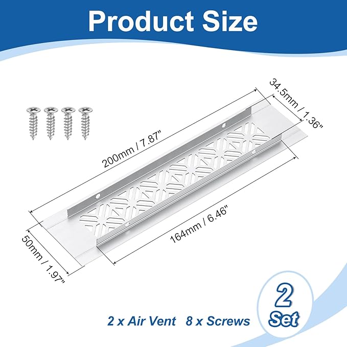 uxcell 2Pcs Aluminum Alloy Air Vents, 200 x 50mm / 7.9 x 2" Rectangle Louvered Ventilation Grille Cover with Mounting Screws for Door Cabinet Wardrobe, Silver