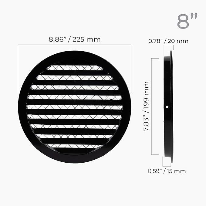 8" Inch Round Aluminum Vent Cover - Air Vent Louver - Soffit Grille Cover - Built-in Aluminum Screen - Grill Cover/Dryer Vent Cover for House, Kitchen, Bathroom, Garage, Attic Ventilation