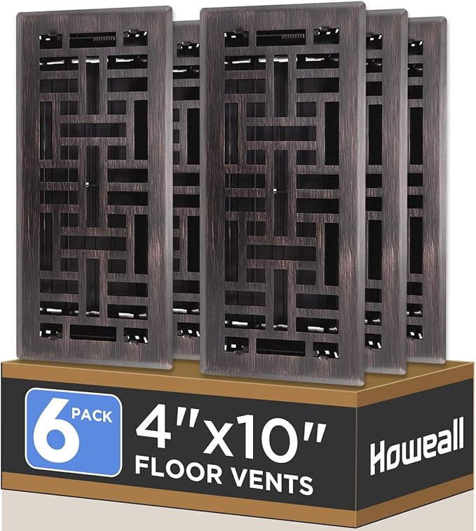 Howeall 4x10 Inches 6 Pack Heavy Duty Walkable Floor Register - Easy Adjust Air Supply Lever Decorative Floor Vent Covers, Seattle Design Vent Covers for Home - Oil Rubbed Bronze