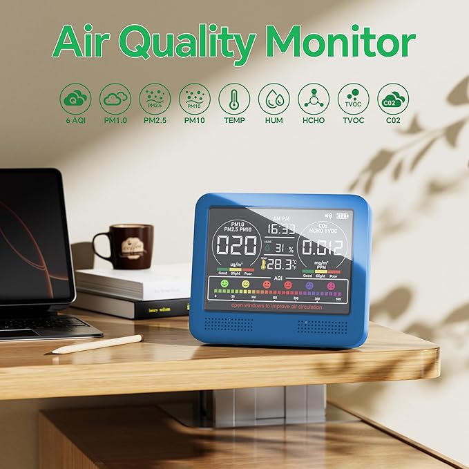 16-in-1 Indoor Air Quality Monitor with PM1.0,PM2.5,PM10,CO2,HCHO,TVOC,Temperature,Humidity,Time Display &7 AQI Alarms – Professional Air Quality Tester for Home, Office & Indoor Use (Lake Blue)