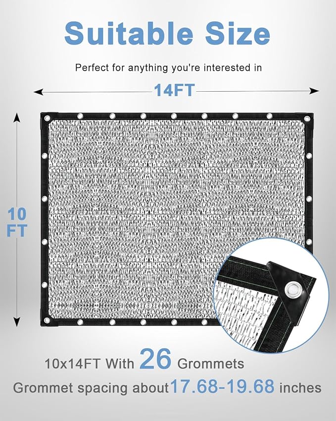 vensovo 30% Aluminum Shade Cloth - Reflective Aluminium Shade Netting Sun Shade Cover with Grommets for Cars, Dogs, Outdoor, RV, Patio (10x14FT)