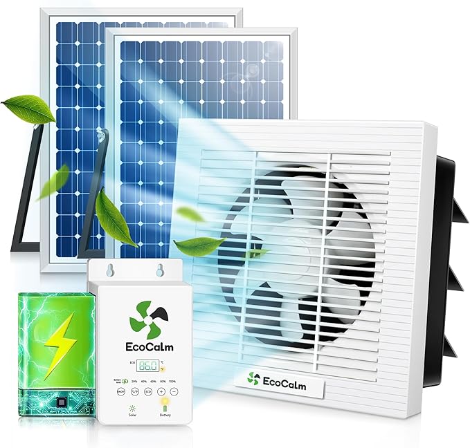 10" Solar Greenhouse Fan with Battery and Adjustable Thermostat, Shutter Ventilation Fan for Greenhouse, Attic, Garage with 2PCS 15W Bifacial Solar Panels