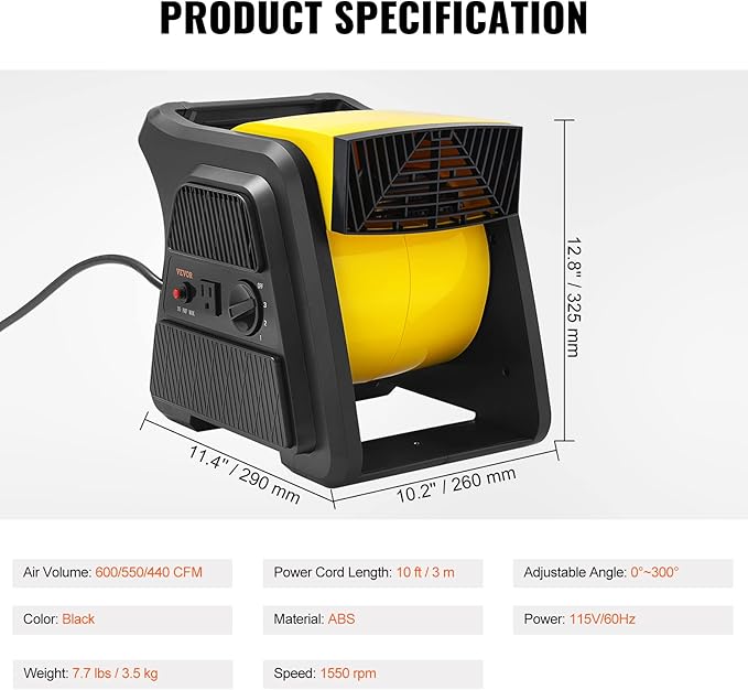 VEVOR Pivoting Utility Fan, 600 CFM High Velocity Floor Blower for Drying, Cooling, Ventilating, Exhausting, 300° Blowing Angle Air Mover, Portable Carpet Dryer Fan for Home, Work Shop