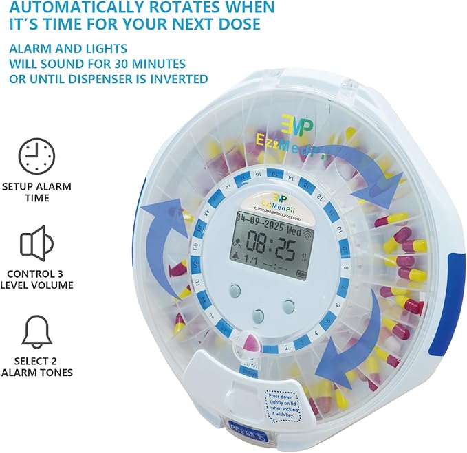 EziMedPil Smart WiFi Pill Dispenser w/Sound&Light Alerts,up to 9 Alarms/Daily,Easy Setup on WiFi Monitoring SmartLife App,28-Day Medication Organizer w/Lock Key for Prescriptions & Vitamins,Clear Lid