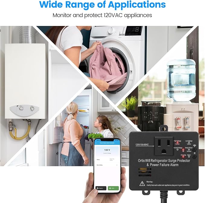 Wi-Fi Smart Power Failure Alarm with Surge Protector, Remotely Monitor and Control Your Refrigerator Via App, Ensuring The Safety of Refrigerator and Food Stored Inside, Black