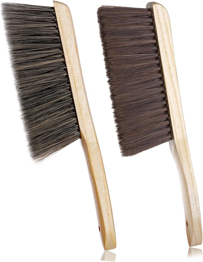 Rbenxia 2 Pieces Wooden Handle Bench Brushes Horse Hair Brushes Soft Bristles Dust Brush Household Cleaning Brushes for Fireplace, Sofa, Furniture, Workshop Woodworking (Gray+Beige)