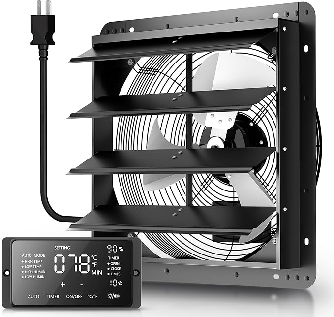 16" Shutter Exhaust Fan with 6 ft Power Cord, EC Motor Wall Mount Attic Fan, Smart Programming Variable Speed, Temp/Humidity & Timer, Auto Louvers, 2800 CFM for Window, Shed, Commercial, Waterproof