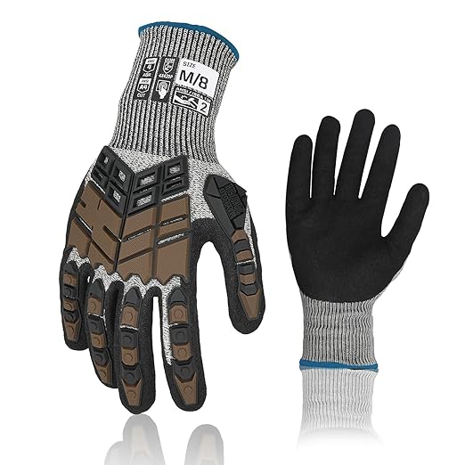 Safety Work Gloves, Impact Gloves for Men Women, Cut Resistant Non-Slip Heavy Duty Gloves with Nitrile Grip, Touch Screen Glove with Impact Protection for Mechanic Construction, Medium, Brown