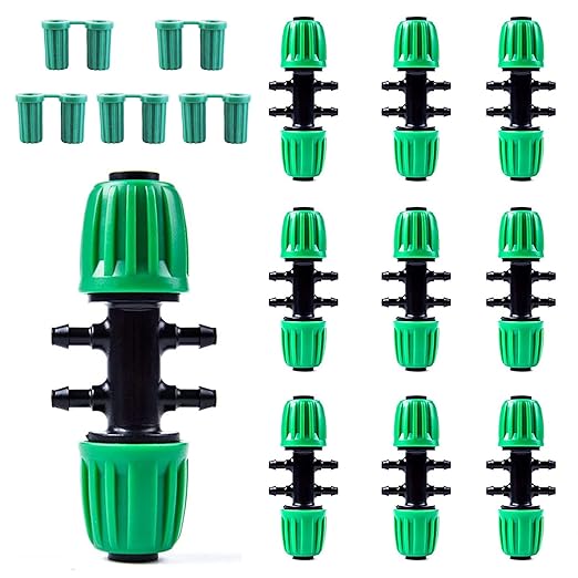 Kalolary 10PCS Barbed Tee 1/2 inch to 1/4 inch Irrigation Tube Anti-Drop Premiun Quality Fitting (fits 13mm ID/ 4mm ID), 16mm PE Pipe Lock Female Connector to 47 Pipe Variable Diameter Six-Way Adapter