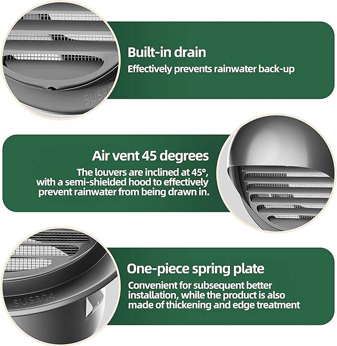 6" in Heavy Duty Thickened 304 Stainless Steel Air Vent Cover Louvered Grille Cover Vent Hood Round Cap Ducting Ventilation Air Outlet with Fly Screen Mesh for House (6inch-150MM Round Cap Black)