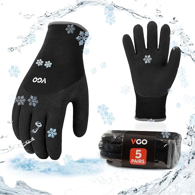 Vgo... 5-Pairs Freezer Winter Work Gloves, Double Lining Rubber Latex Coated for Outdoor Heavy Duty Work (Size M, Black, RB6032)