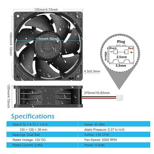 Wathai 120mm x 38mm 12V DC IP68 Waterproof Exhaust Fan, Dual Ball Bearing, 116 CFM, 3000 RPM, 6W, 2Pin for RV Refrigerator, Amplifier, Outdoor Equipment, Camper