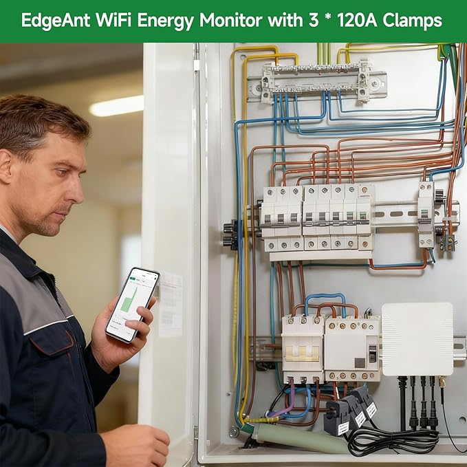 Smart Home Energy Monitor with 3 120A Clamps EdgeAnt, Real-Time Accurate Energy Consumption Tracking and Save Money, Home Energy Automation and Control, Solar Net Metering 2.4 GHz WiFi