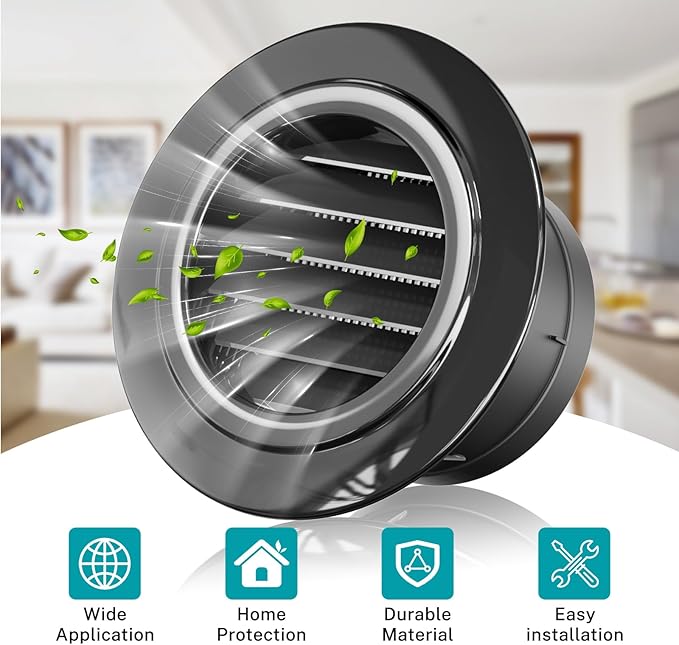 HG Power 4 Inch Soffit Vent, ABS Plastic Round Vent Cover with Built-in Screen Mesh, Black Louver Exhaust Vent for Exhaust Fan, Inline Duct Fan, Bathroom, Kitchen, Garage Use, 100mm
