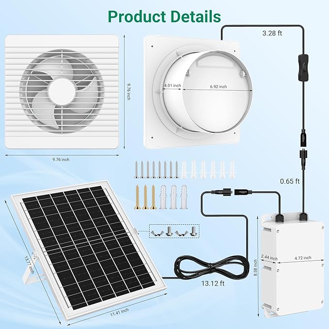 Solar Exhaust Fan with 24000mAh Battery, 25W 9.8" Solar Powered Fan for Day/Night Use, 3200 RPM High-Speed Low Noise Waterproof Ventilation Fan for Chicken Coops, Greenhouses, Garages & Sheds