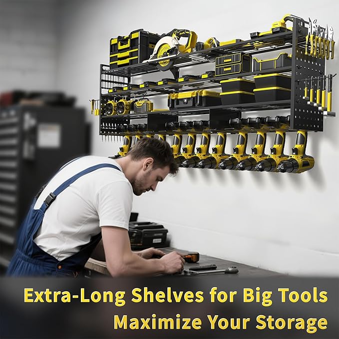 Frizoky 52'' Heavy Duty Power Tool Organizer Rack | 660lbs Capacity 4-Tier Wall Mount Garage Storage Shelf | Adjustable Pegboard Tool Storage for Workshop, Garage, and DIY Enthusiasts