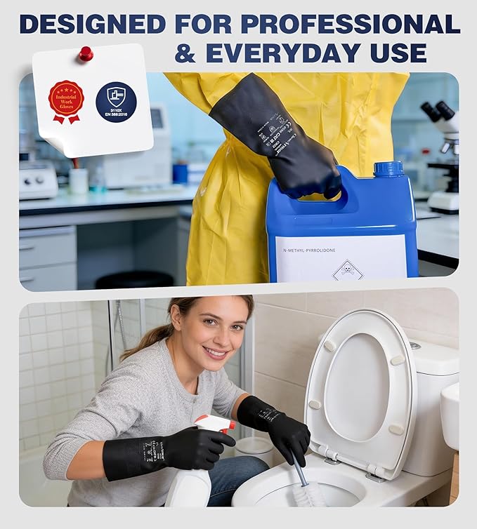 AnTools Heavy Duty Rubber Safety Work Gloves, Chemical Resistant Latex Gloves for Cleaning, Acid & Alkali Protection, Hazmat Use, Black, Large