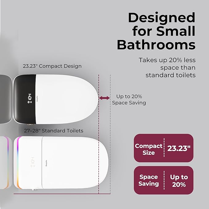 Smart Compact Toilet for Small Bathroom, 23" Depth Shallow Toilet with Foam Shield Auto Open/Close Lid, 12" Rough In, Built-in Tank, Heated Seat Foot Sensor Flush One-Piece (ZY695A Mini)