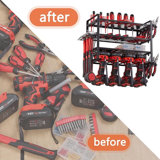 Power Tool Organizer, 4 Layers Heavy Duty Metal Tool Shelf, Drill Holder Wall Mount, Utility Storage Rack for Cordless Drill Charging Station Screwdriver, black