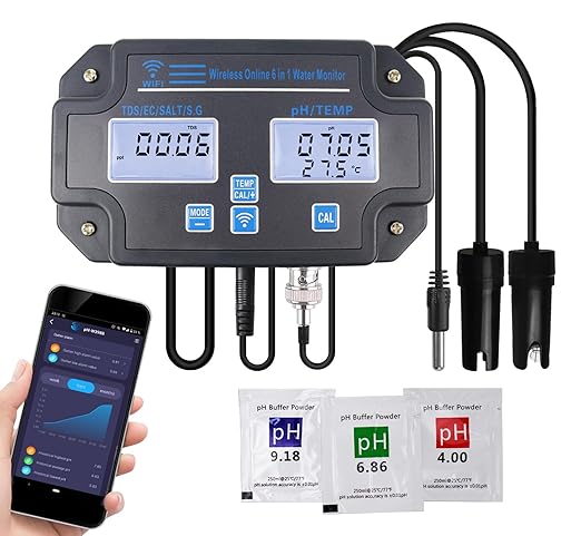 Smart Water Quality Tester 6-in-1 pH/EC/TDS/Salinity/S.G and Temperature Meter with Wi-Fi Continuous Monitor Wall-Mounted pH Water Meter with ATC and Easy Calibration for Aquariums, Hydroponics