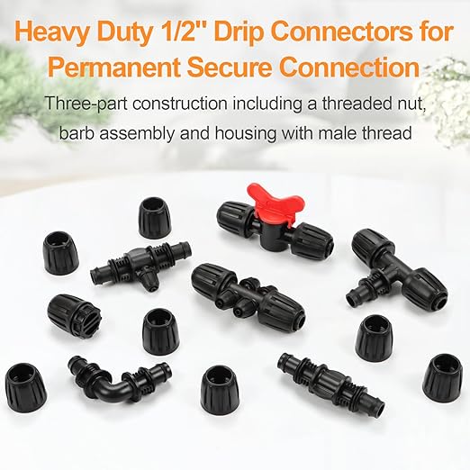 25 Pieces 1/2 Inch Drip Irrigation Fittings Kit, 1/2'' Drip Line Barbed Fittings for 1/2 Inch Irrigation Tubing (1/2" ID x 0.650" OD) Anti-Leak Lock Nut Connectors for Garden Drip System