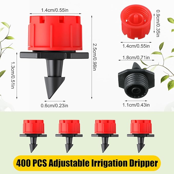 Yaocom 400 Pcs Sprinkler Irrigation Drippers, 1/4 Inch Barbed Drip Emitter, 360 Degree Watering Adjustable Suitable Anti-Clogging Drippers for 4mm/7mm Garden Watering Tubing System (Red)
