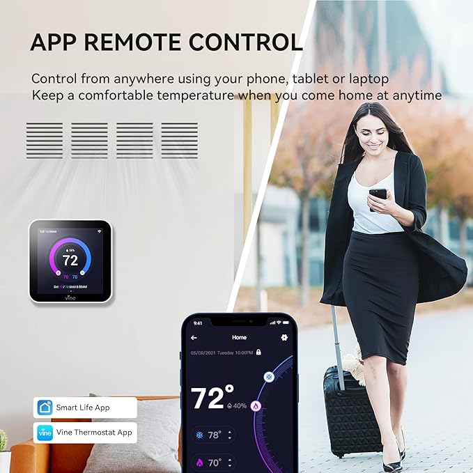 Vine 4 Inches Full Touch Screen TJ-560 Programmable Smart Wi-Fi Thermostat for Home with App Control, Energy Saving, Easy Installation, Compatible with Alexa and Google Assistant, White