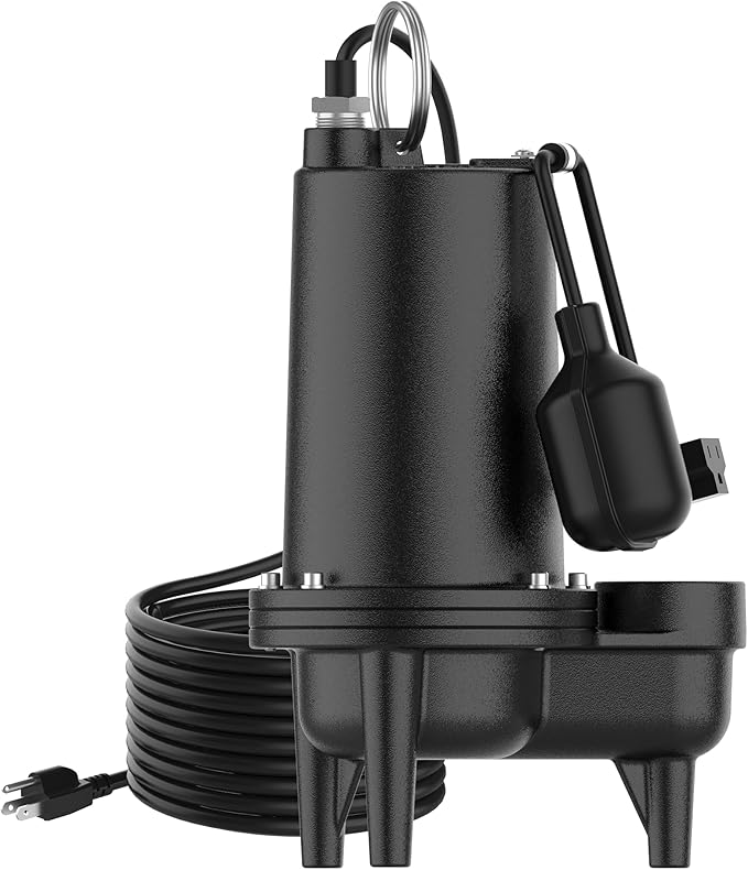 2/5HP Cast Iron Sewage Pump, 5995GPH Submersible Effluent Pump with Auto Float Switch, Ideal for Basement/Sump Applications – Commercial-Grade Drainage System, 20ft Cord