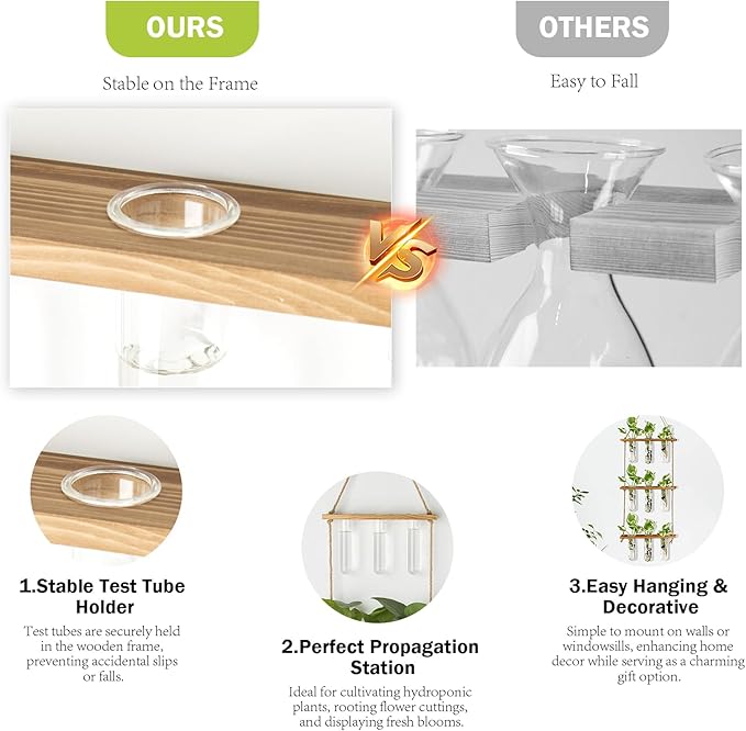 XXXFLOWER Wall Hanging Propagation Station with Wooden Stand Glass Test Tubes Tiered Planters Wall Terrarium for Home Office Plant Hanger Flower Vases Wall Decor Hydroponic Cuttings (9 Tube Vases)