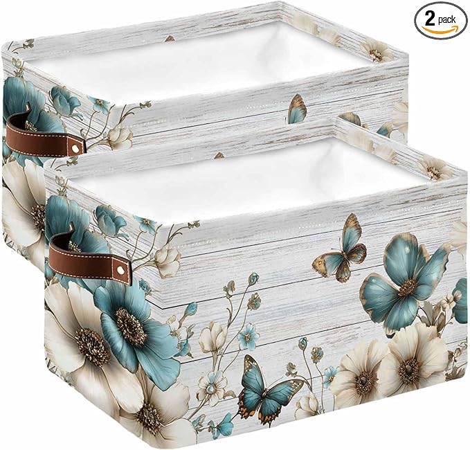 Teal Tulip Butterfly Storage Bins Cubes Waterproof Cloth Storage Basket,Beige Turquoise Floral Grey Wooden Foldable Storage Bags for Shelf Clothes Storages Organizers with Handles 15x11x9.5 in 2PCS
