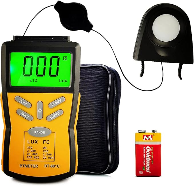 BTMETER Digital Illuminance Light Meter BT-881C,Lumen/FC Photometer,Luxmeter Sensor Measure 0.1~200000 Lux (0.01~20000FC) Lights,Bright Tester for Photography, Plant, Foot Candle