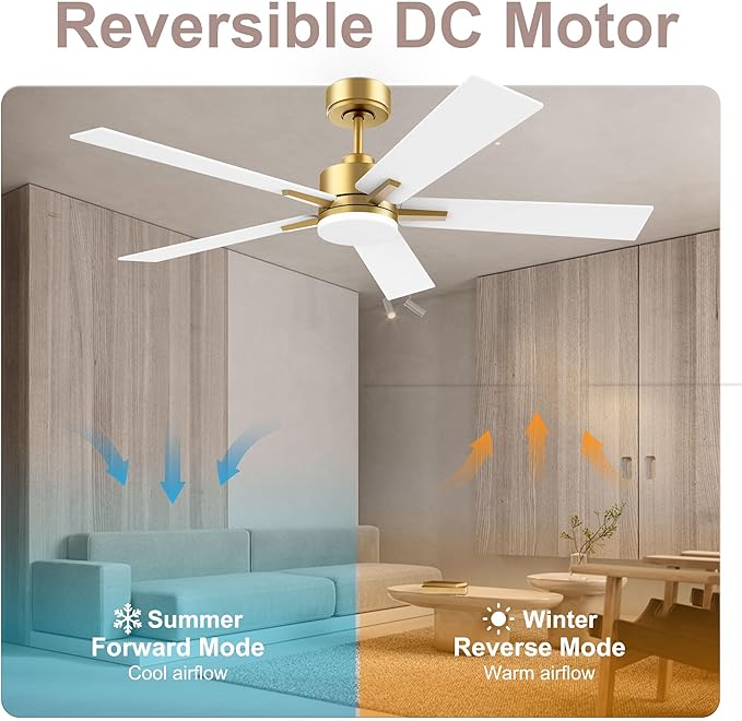 Lorpies 52” Smart Ceiling Fan with LED Lights Remote,Quiet DC Motor,Voice Control via Alexa Google WIFI Phone,Outdoor Indoor Modern Ceiling Fans,Dimmable,for Bedroom Patio Porch,Gold and White Black