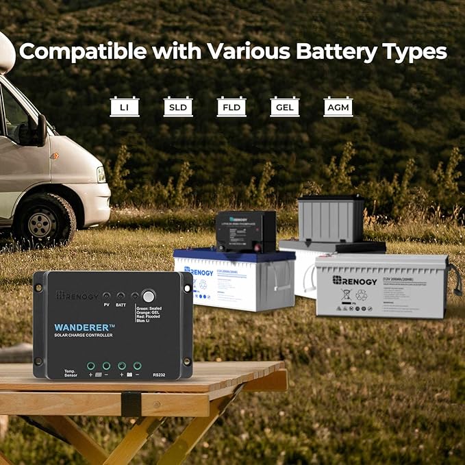 Renogy 12V 30A PWM Solar Charge Controller – Wanderer Li Charge Controllers for Solar Panels 4-Stage Charging for Lithium/Gel/Flooded Batteries, Overload/Short Circuit/Reverse Polarity Protection